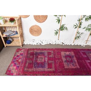Vintage Rug, 2.8x10 ft <b>Runner</b> Turkish Rug, Herki <b>Red</b> Purple Check Rug - Product Image 5
