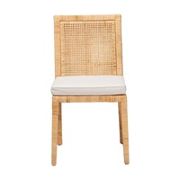 Chaise de salle à manger en rotin naturel avec coussin en coton, assise en osier faite à la main pour les intérieurs traditionnels et anciens