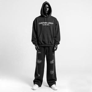 Custom Rhinestone Baggy Hoodie y pantalones de chándal Jogger Conjunto de dos piezas Dtg Print Sweat Suit Vintage Acid Wash Hombres Chándales - Product Image 4