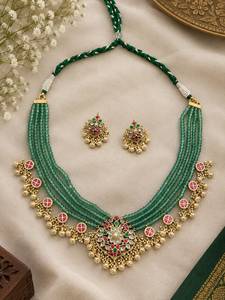 TISHYA DIAMOND Ethnic Gold Plated Alloy Wedding Necklace Earrings Set Green Beads Brilliant Cut Moissanite Trendy Women Jewelry - Product Image 3