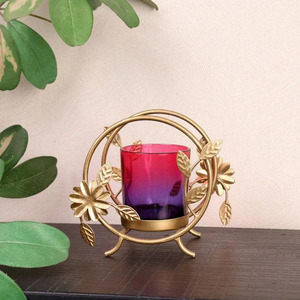 Round Gold Leaf <b>Tea</b> Light Holder With Glass Votive for Ambient Illumination Suspended in Light - Product Image 2
