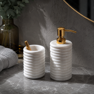 Wholesale White Ribbed Marble <b>Soap</b> <b>Dispenser</b> <b>and</b> <b>Toothbrush</b> <b>Holder</b> Set Gold Pump for Hotel Bathroom - Product Image 4