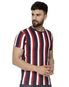 Camiseta de polo con cuello redondo para hombre en rojo, blanco, azul marino, rayas verticales, tejido de punto transpirable, diseño teñido liso - Product Image 3