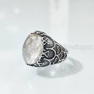 Grossiste Bague pour hommes Bague en argent sterling 925 avec quartz rutile doré naturel et pierre de naissance d'avril Bijoux vintage arabes - Product Image 1