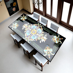 Plateau de table à manger en marbre noir incrusté, art de la marqueterie, incrusté de pierres semi-précieuses naturelles, meuble de salon fait à la main - Product Image 2