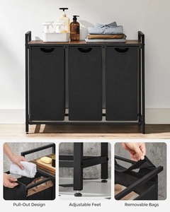Home and Bathroom Wooden <strong>Laundry</strong> Hamper with 3 Pull-Out and Removable Bags Metal Frame <strong>Shelf</strong> Dirty Clothes <strong>Laundry</strong> <strong>Basket</strong>