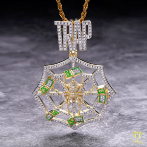 Hip Hop Streetwear Moissanite Trap Spider Web Pendant Two-Tone Money Spider Hip Hop Streetwear Charm con diamantes - Product Image 3