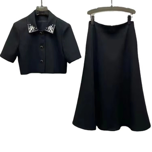 เสื้อโค้ทสั้นประดับด้วยพลอยเทียมติดปกสองชิ้นสำหรับอุตสาหกรรมหนักของผู้หญิงชุดแฟชั่นโอเวอร์สเกิร์ตเอวสูง - Product Image 4