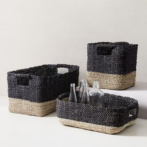 Ecofriendly Handicrafts Black Tan Seagrass <b>Basket</b> handles Set 3 <b>Straw</b> Storage <b>basket</b> Hand woven rattan Laundry <b>Basket</b> Organizer - Product Image 6