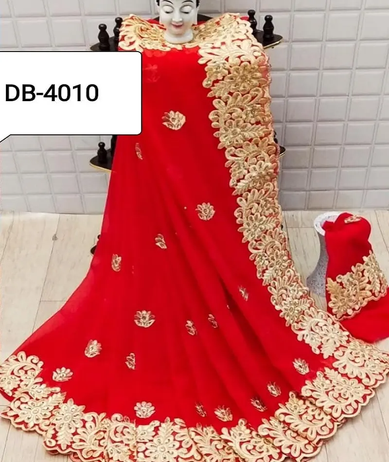 Abbigliamento etnico indiano Georgette Saree di seta con ricamo pesante lavoro di bordo abiti da sposa pesanti ricamo lavoro Lehenga Choli