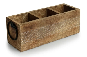 Porte-couverts et papeterie ondulés 3 cloisons en bois de manguier gravé à la main porte-ustensiles en bois porte-couverts de comptoir - Product Image 4