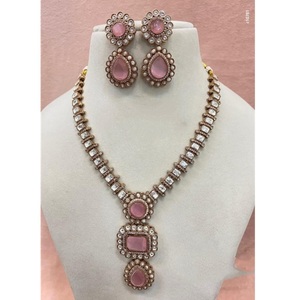 Luxury <b>Moissanite</b> Kundan Diamond Look Jewelry Set Single Layer Long <b>Necklace</b> Earrings Set Elegant Brass Wedding Gift for Parties - Product Image 1