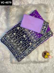 Ropa tradicional india, ropa de fiesta y boda de lujo para mujer, Sari de trabajo de secuencia pesada con blusa de seda Mono Banglory para mujer - Product Image 3