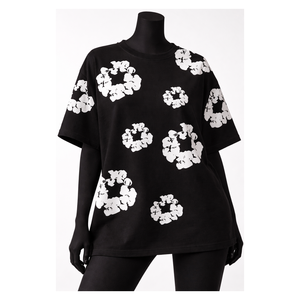 T-shirt pour femmes de qualité supérieure, noir, imprimé floral, coton, coupe ample, décontracté, streetwear, col rond, manches courtes - Product Image 1