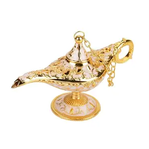 Lámpara de luz Genie de Aladdín, luz mágica de Metal tallada, leyenda hueca, decoración de maceta de deseos (oro blanco)