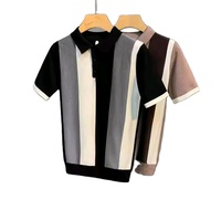 Chemises polo à rayures boutonnées pour hommes, manches courtes, style vintage, t-shirts, pulls d'été