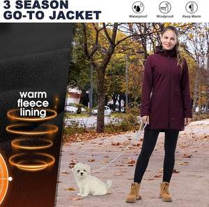 Women's Waterproof Breathable Softshell <b>Long</b> <b>Rain</b> <b>Jacket</b> with Hood Fleece Lined Windproof & Windbreaker All Seasons - Product Image 5