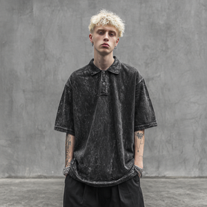 Stone Wash Goutte Épaule Polo T Shirt Hommes Acid Was Oversize Polos Hommes Streetwear Lavé Polo Hommes - Product Image 3