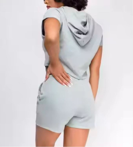 Conjunto de 2 piezas informal personalizado de verano 2026, sudaderas con capucha para mujer, conjunto corto de dos piezas de poliéster y algodón gris de alta calidad, ropa para mujer - Product Image 3