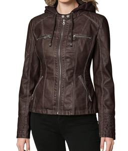 Chaqueta de cuero PU para mujer, abrigo con cremallera, chaqueta de cuero con capucha extraíble de otoño, chaqueta de motocicleta informal de Color camello de manga larga - Product Image 3