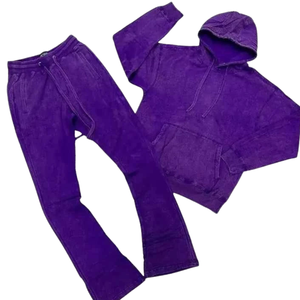 ชุดเซ็ตเสื้อฮู้ดดี้สีม่วงฟอกสีสไตล์วินเทจสำหรับผู้ชาย พร้อมกางเกงจ็อกเกอร์ทรงบาน ผ้าฟลีซ สวมใส่สบาย เหมาะสำหรับฤดูหนาว สไตล์สตรีทแวร์ - Product Image 1
