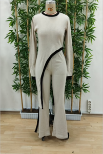 Ensemble deux pièces en molleton beige de qualité supérieure - Blouse à manches longues à coupe asymétrique et pantalon - Textile turc de haute qualité en vrac - Product Image 5
