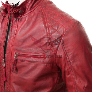 Chaqueta de Cuero Genuino Rojo para Hombre, Estilo Motero, Cuello Alto, Piel de Vacuno, Hombros Acolchados, Bolsillos con Cremallera, Clásica, Personalizada, Abrigo Cálido de Invierno - Product Image 3