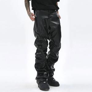 Hip Hop hommes plissé en cuir Pu pantalon Harajuku rétro Streetwear ample froncé pantalon décontracté droit couleur unie noir pantalon - Product Image 2