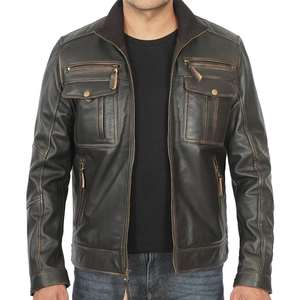 Veste en cuir formelle pour homme, en peau de mouton enduite, coupe-vent, imperméable, style bomber, avec logo sur le devant, très vendue - Product Image 1