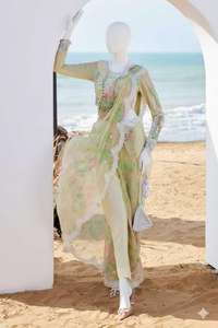 Traje de Verano Elegante Bordado en Paquistán, Color Amarillo Pastel, Hecho a Mano, para Mujer - Product Image 3