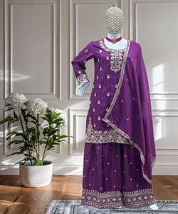 NOUVEAU ARRIVÉ CHINON SOIE BRODERIE SÉQUENCE TRAVAIL TOP PALAZZO AVEC DUPATTA MARIAGE VÊTEMENT ETHNIQUE À PRIX DE GROS - Product Image 1