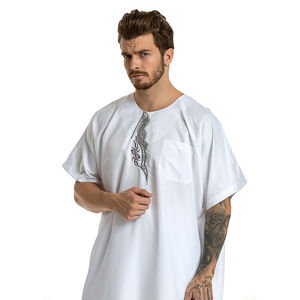 Custom Made Casual Muslim Arabian O Neck <b>Kaftan</b> Thobe New Design Short Sleeve Embroidered Robe Solid Color Tussle Traditional - Product Image 5