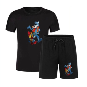 Ensemble décontracté d'été Hip Hop unique et simple pour hommes T-shirt en coton respirant avec short imprimé Motif tricoté respirant - Product Image 5