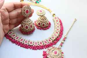 Bas prix couleurs personnalisées bijoux indiens pour femmes Antique fait à la main plaqué or collier de perles boucles d'oreilles ensemble de bijoux de mariée - Product Image 3