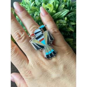 Zuni Handmade Multi-Color Turquoise Sterling Silver Inlay Ring Thunderbird Design Geometric Pattern Size 7.75 Everyday Wear - Product Image 2
