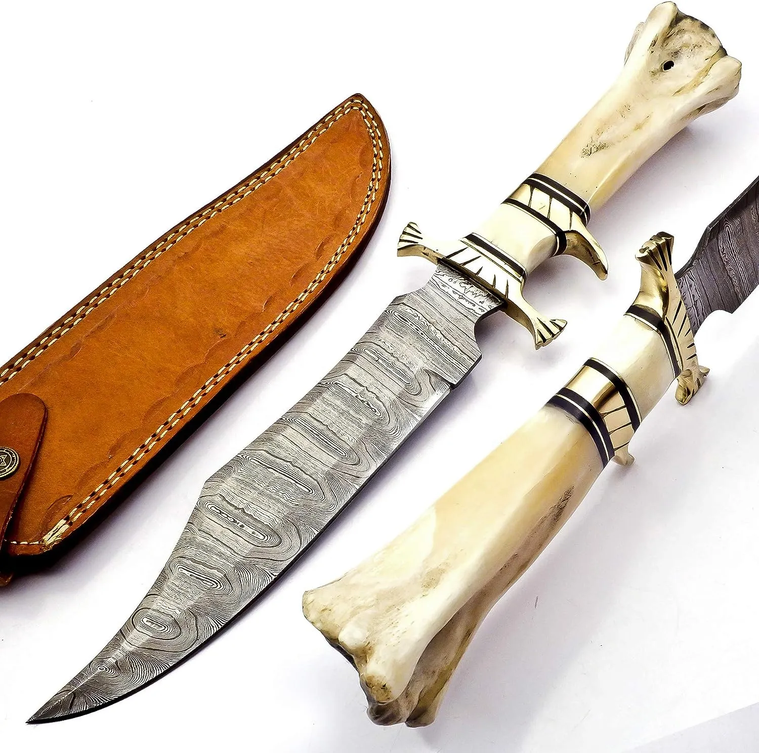 Damascus Steel Bowie Knife with Sheath Exotic Elk Deer Horn Handle Handmade Hunting Knife Fixed Blade Knives Ideal for Survival