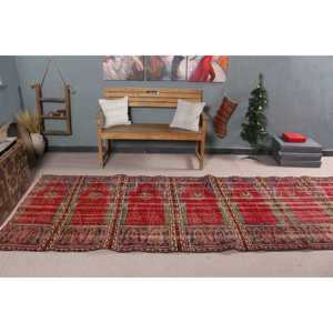 Turkish Rug, 4.2x13.1 ft <b>Runner</b> Rug, <b>Red</b> Check Wool Vintage Rug - Product Image 2