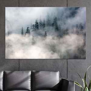 Impression sur toile de paysage de forêt brumeuse, art mural de pinèdes paisibles, toile enveloppée - Product Image 1