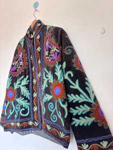 Handcrafted Embroidered Cotton <b>Jacket</b>: Multicolor Floral Paisley Suzani <b>Kantha</b> Embroidery Handmade Coat Floral Velvet <b>Jacket</b> - Product Image 3