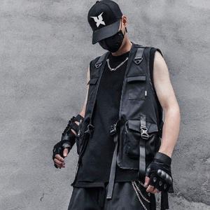 Style punk multi-poches hommes gilet à capuche Streetwear logo personnalisé gilet coupe-vent noir Techwear gilet bouclé fermeture éclair Cargo veste - Product Image 1