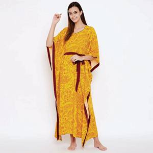 Comfortable Fit Viscose Modal Shaped Neckline with Piping Detail with <b>Short</b> Extended Sleeves Yellow Paisley Print <b>Kaftan</b> - Product Image 2