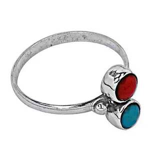 Romantic Women's 925 Silver <b>Ring</b> with Red & Blue Gemstones Rhodium Plated Bezel Set Ruby <b>Dainty</b> Style - Product Image 1