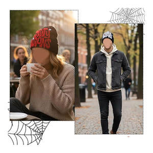 Bonnets à double face, motifs jacquard, mélange de laine, noir et blanc, matière extensible, streetwear, couvre-chef d'hiver, hommes et femmes - Product Image 4