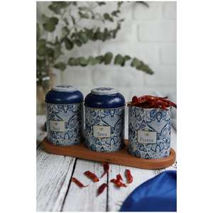 Juego de caja de lata de metal redondo Dia 90 mm ( 3 uds) Patrón decorativo azul y blanco inspirado en Azulejo Diseño de Azulejos - Product Image 1