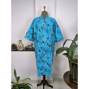 Pure Cotton Indian Handprinted Boho Kimono Dress Summer <b>Beach</b> Cover up <b>Robe</b> with Blue Ocean Fish Print for Christmas - Product Image 4