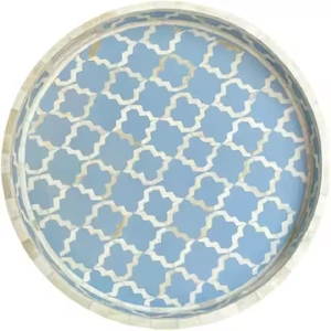Bandeja de servicio floral azul redonda con incrustaciones de hueso de la mejor calidad, utensilios de cocina para hoteles y restaurantes, bandeja decorativa artesanal natural - Product Image 3