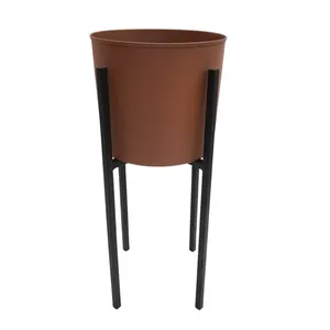 Excellente décoration élégante jardinière ronde en métal avec support Texture rustique petit Pot utilisation pour jardin salon en gros en vrac