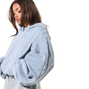 Sudadera con Capucha Extra Grande para Mujer con Logotipo Personalizado, Estampado Puff, Pedrería, Forro Polar Cálido de Invierno, Algodón, Ojales Metálicos - Product Image 6