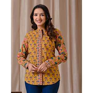 Blusa de Algodón con Estampado Floral Amarillo Intenso, Logotipo Bordado, Cuello Alto y Botones Delanteros, Talla XL, para Oficina - Product Image 1