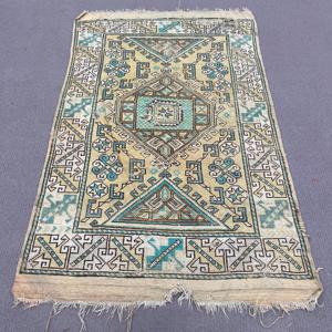 4x6.4 ft Rug, Turkish Vintage Rug, <b>Yellow</b> Green Floral <b>Wool</b> Rug - Product Image 1